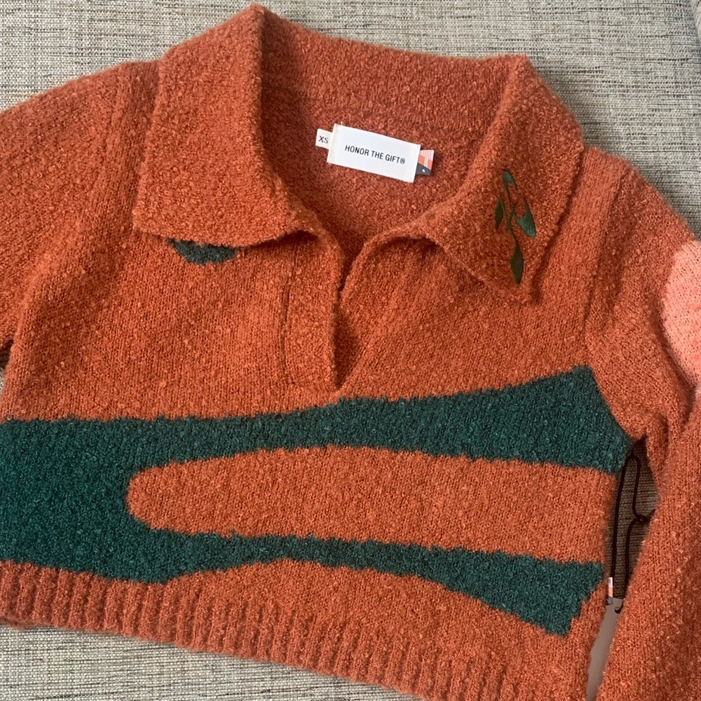 NWT HONOR THE GIFT Sunrise Abstract Graphic Cropped Sweater in Orange, XS & S